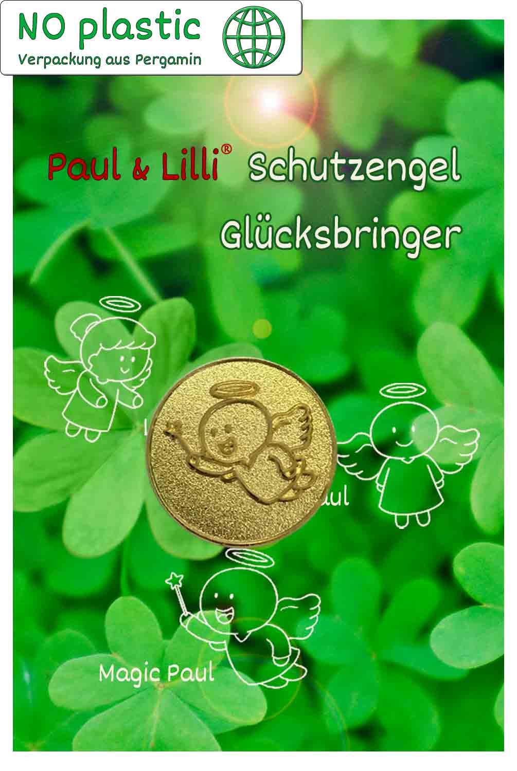 Schutzengel Magic Paul Glücksmünze | Farbe gold | Vorderseite auf Kärtchen | EnerChrom® ist eine Marke von atalantes spirit®