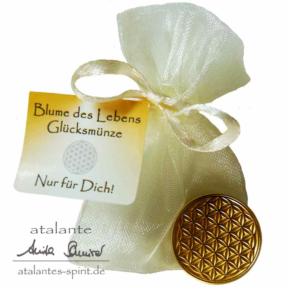 Blume des Lebens Glücksmünze "Nur für Dich" im Organzasäckchen | Farbe gold | Vorderseite | EnerChrom® ist eine Marke von atalantes spirit®