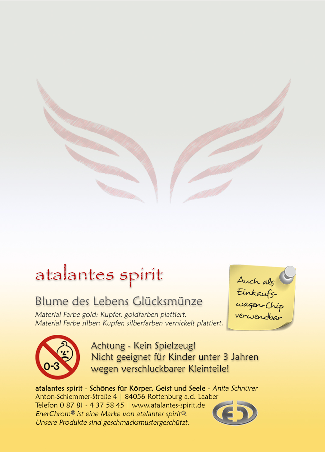 Blume des Lebens Glücksmünze "Nur für Dich" auf Zitat-Kärtchen | Farbe gold | Rückseite Kärtchen | EnerChrom® ist eine Marke von atalantes spirit®