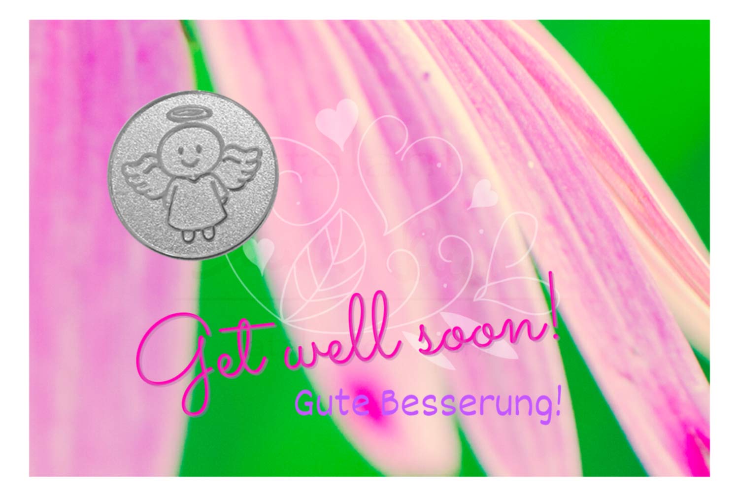 Engelige Grüße - Gute Besserung - Schutzengel Smiling Paul silber - Engelkärtchen rosa VS - by atalantes spirit