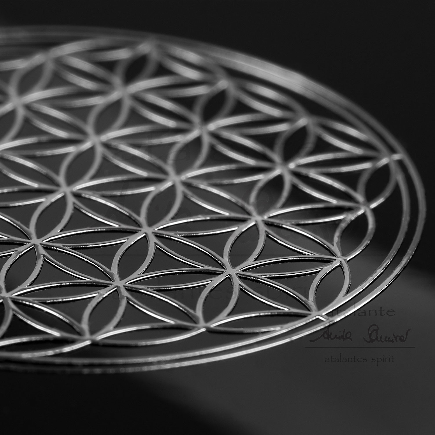 Blume des Lebens EnerChrom® Metall-Aufkleber | seitliche Ansicht | Farbe silber | designed by atalantes spirit®