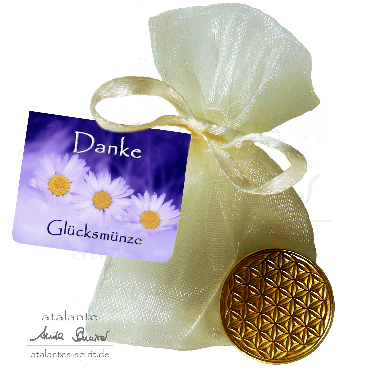 Blume des Lebens Glücksmünze "Danke" im Organzasäckchen | Farbe gold | Vorderseite | EnerChrom® ist eine Marke von atalantes spirit®