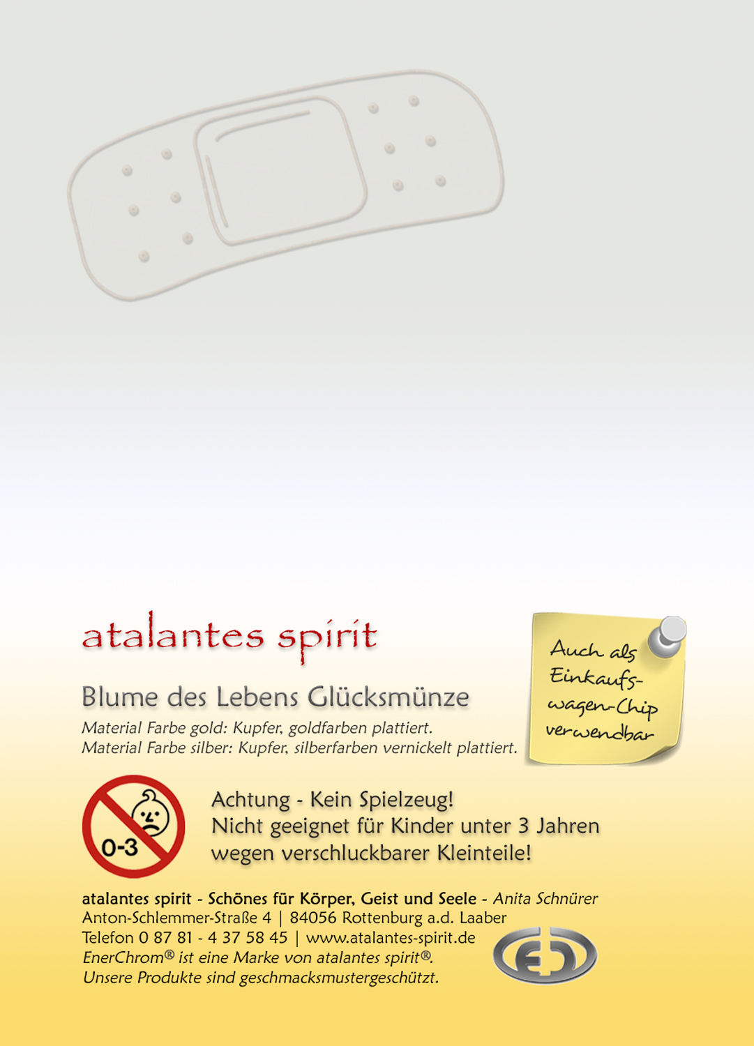 Blume des Lebens Glücksmünze "Gute Besserung" auf Zitat-Kärtchen | Farbe silber | Rückseite Kärtchen | EnerChrom® ist eine Marke von atalantes spirit®