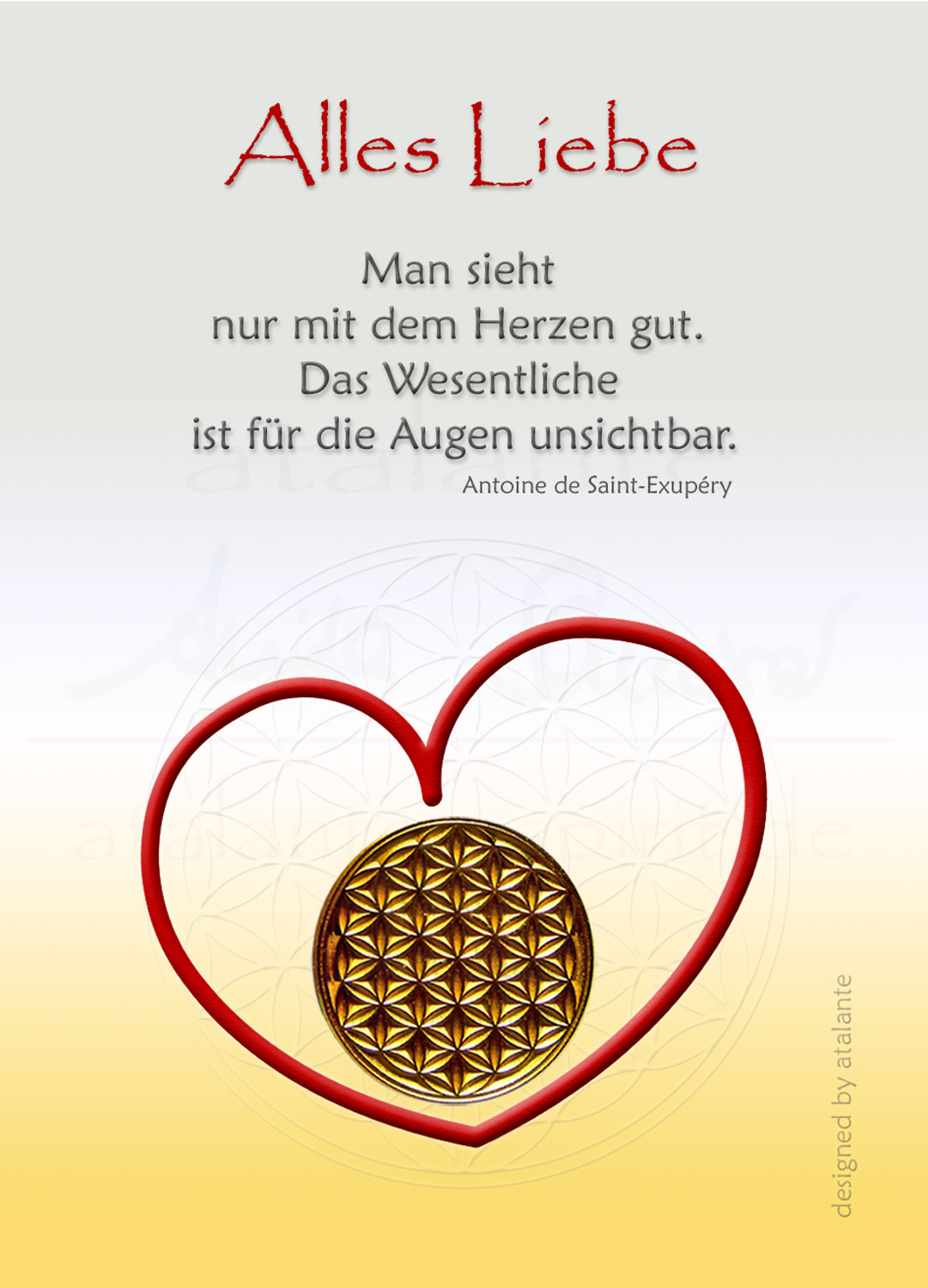 Blume des Lebens Glücksmünze "Alles Liebe" auf Zitat-Kärtchen | Farbe gold | Vorderseite | EnerChrom® ist eine Marke von atalantes spirit®