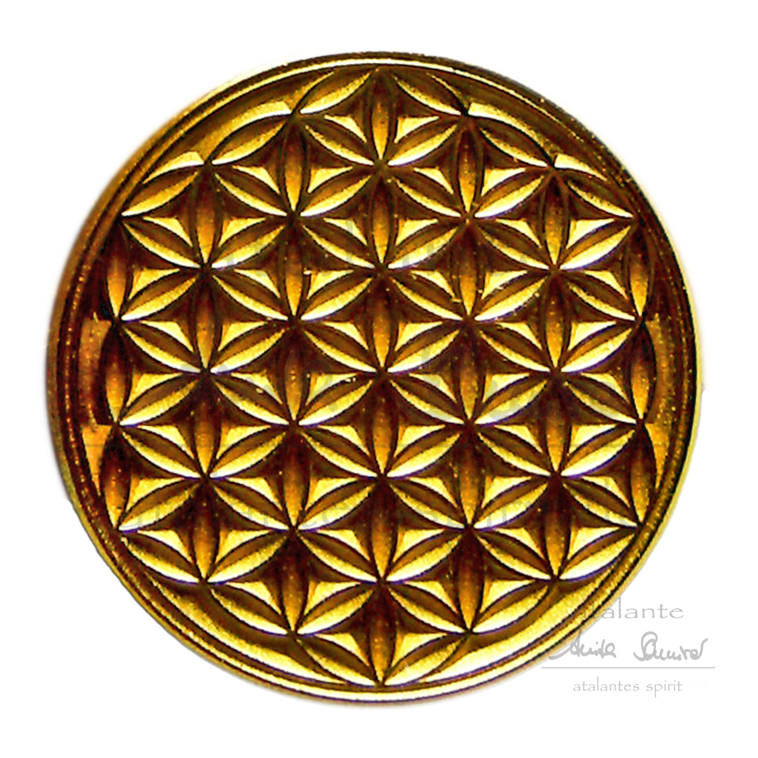 Blume des Lebens Glücksmünze "Alles Liebe" im Organzasäckchen | Farbe gold | Münze, Vorderansicht | EnerChrom® ist eine Marke von atalantes spirit®
