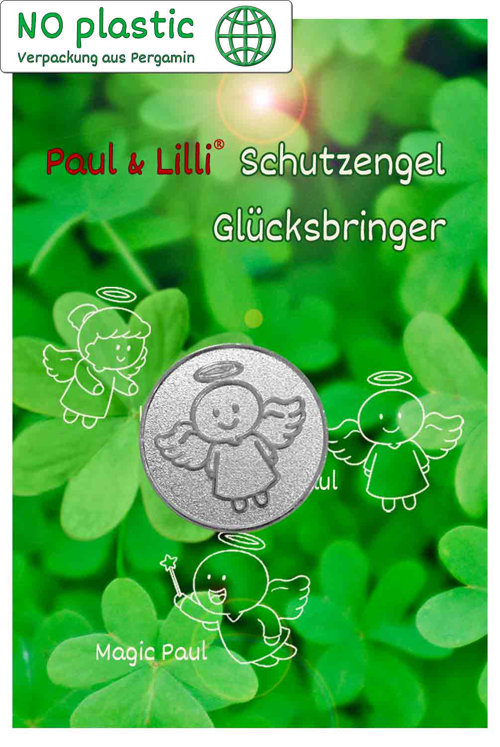 Schutzengel Smiling Paul Glücksmünze | Farbe silber | Vorderseite auf Kärtchen | EnerChrom® ist eine Marke von atalantes spirit®