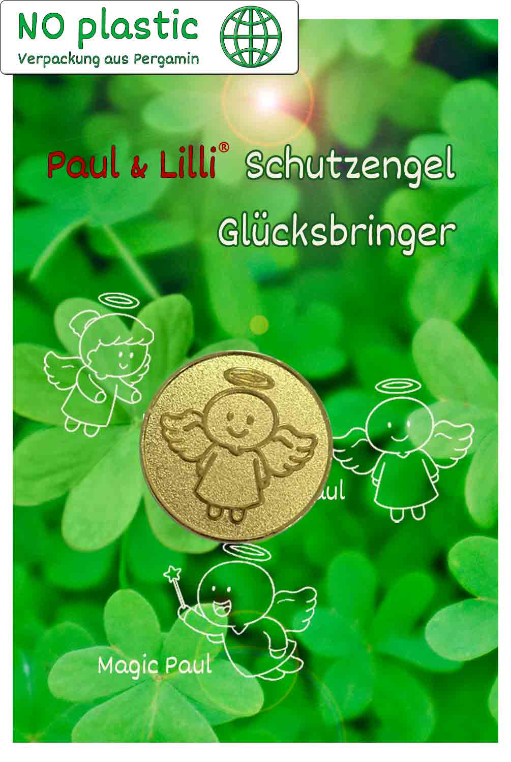 Schutzengel Smiling Paul Glücksmünze | Farbe gold | Vorderseite auf Kärtchen | EnerChrom® ist eine Marke von atalantes spirit®