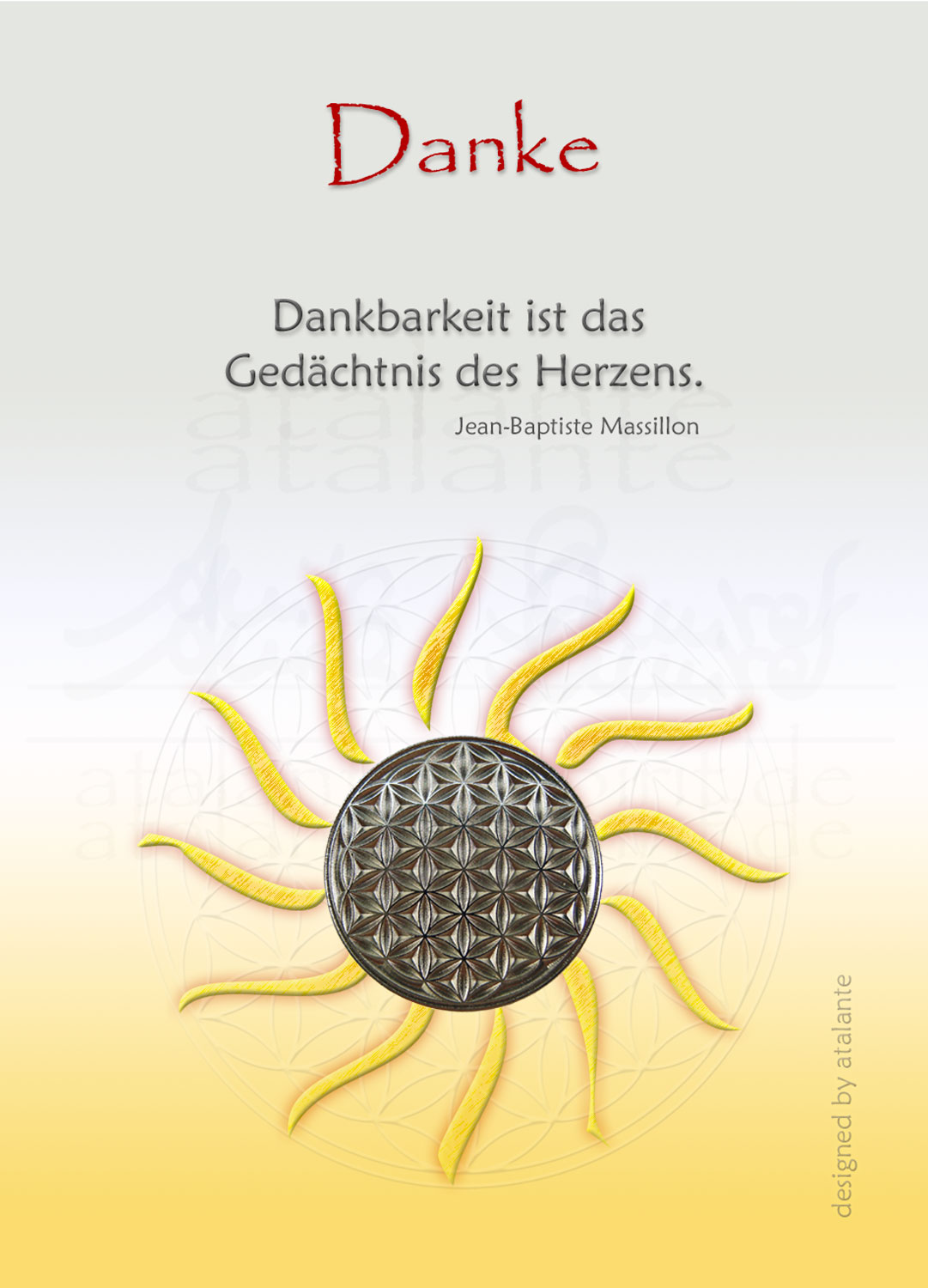 Blume des Lebens Glücksmünze "Danke" auf Zitat-Kärtchen | Farbe silber | Vorderseite | EnerChrom® ist eine Marke von atalantes spirit®