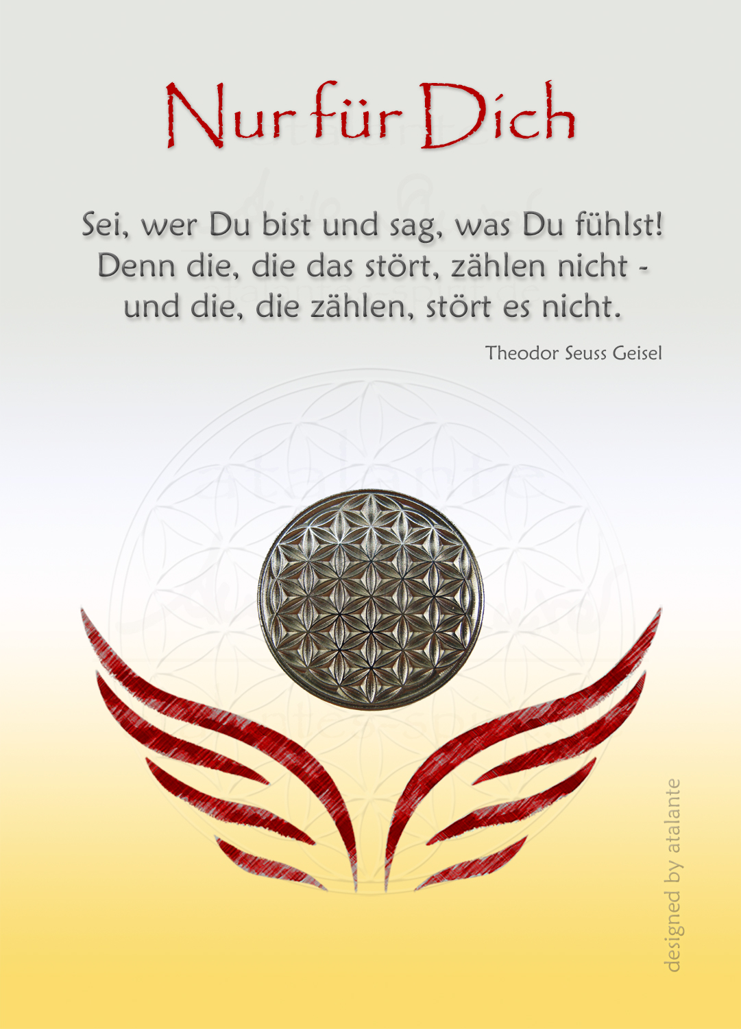 Blume des Lebens Glücksmünze "Nur für Dich" auf Zitat-Kärtchen | Farbe silber | Vorderseite | EnerChrom® ist eine Marke von atalantes spirit®
