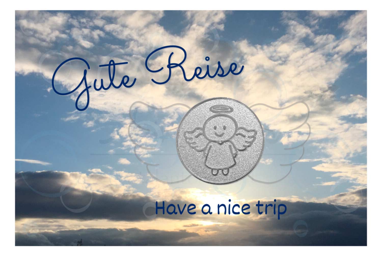 Engelige Grüße - Gute Reise - Schutzengel Smiling Paul silber - Engelkärtchen hellblau VS - by atalantes spirit