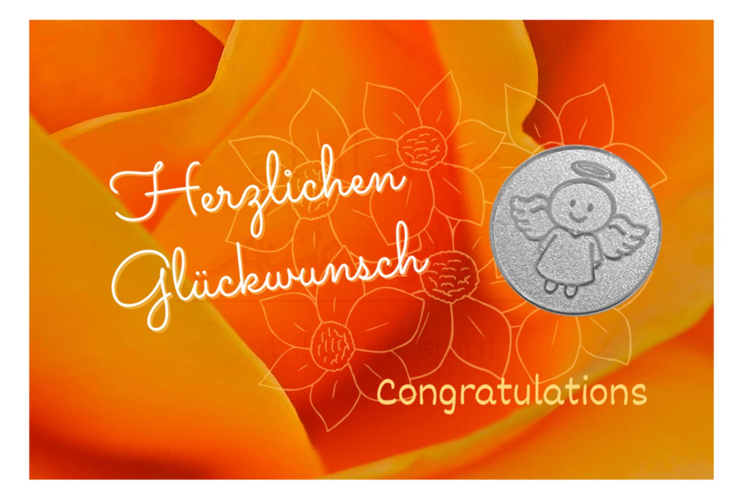 Engelige Grüße - Herzlichen Glückwunsch - Schutzengel Smiling Paul silber - Engelkärtchen orange VS - by atalantes spirit
