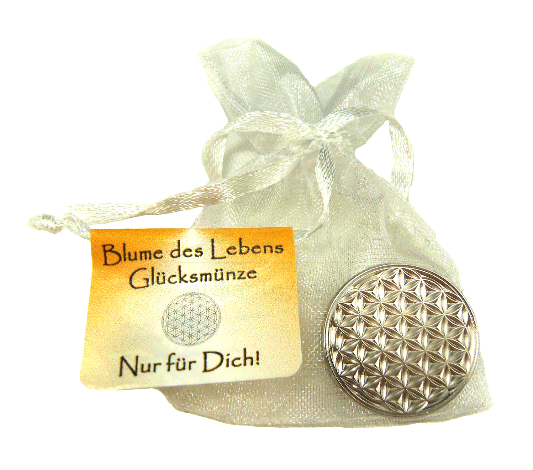 Blume des Lebens Glücksmünze "Nur für Dich!" im Organzasäckchen | Farbe silber | Vorderseite | EnerChrom® ist eine Marke von atalantes spirit®