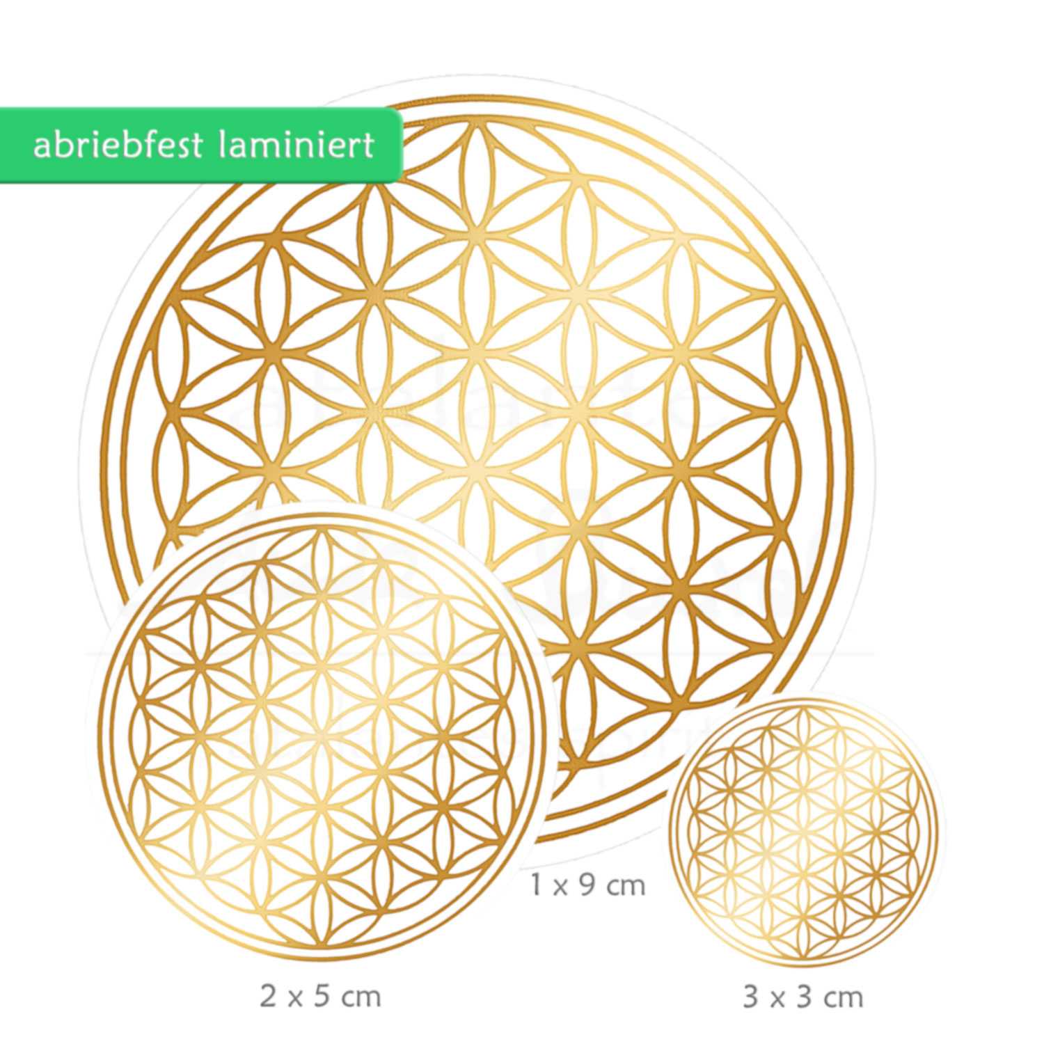 Blume des Lebens Aufkleber SET M: 3 x 3 cm & 3 x 5 cm & 1 x 9 cm | Glänzender Golddruck auf Transparentfolie | zusätzlich abriebfest laminiert | Farbe gold | designed by atalantes spirit®