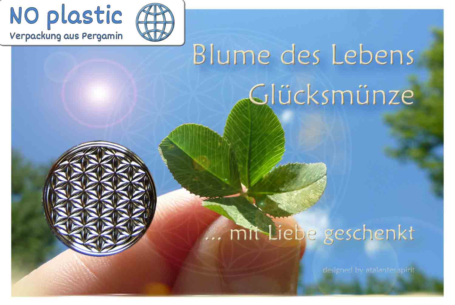 Blume des Lebens Glücksmünze | Farbe silber | Vorderseite auf Kärtchen | EnerChrom® ist eine Marke von atalantes spirit®