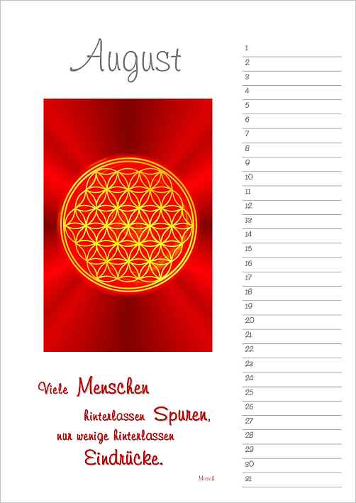 Blume des Lebens Energiebilder-Geburtstags-Kalender, immerwährend | DIN A4 | August | designed by atalantes spirit®