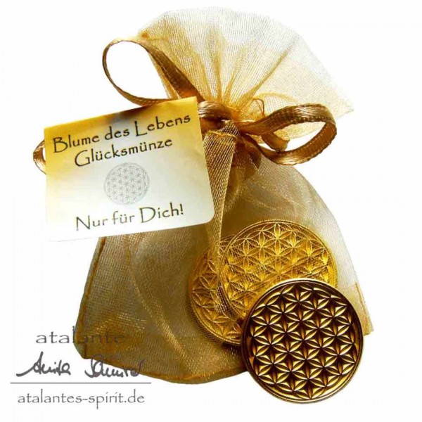 Blume des Lebens 3 Glücksmünzen "Nur für Dich" im Organzasäckchen | Farbe gold | Vorderseite | EnerChrom® ist eine Marke von atalantes spirit®
