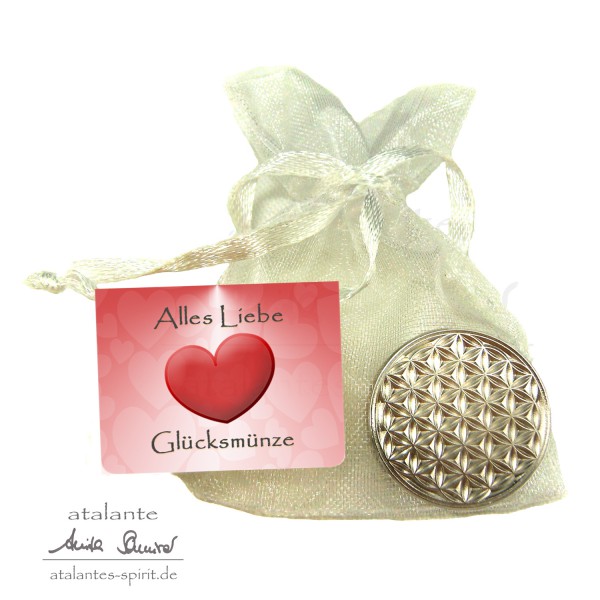 Blume des Lebens Glücksmünze "Alles Liebe" im Organzasäckchen | Farbe silber | Vorderseite | EnerChrom® ist eine Marke von atalantes spirit®